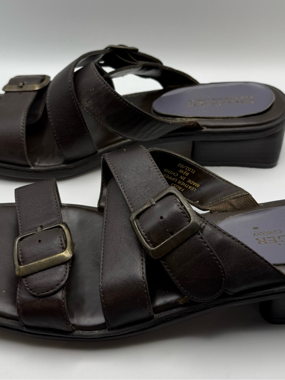 villager Dark Brown Leather Buckle Slide Mules